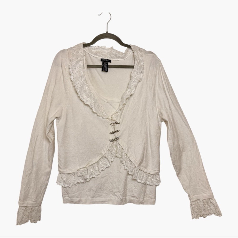 Bob Mackie Ivory Lace Trim Rhinestone Clasp Cardigan Romantic Y2K XL